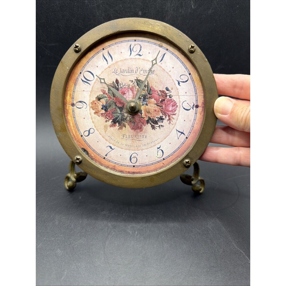 Timeworks Brass Le Jardin D' Emilie Fleuriste Mantel Desk Clock Works Floral